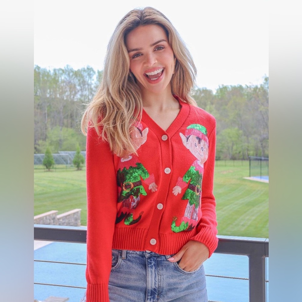 Simply Southern Red Elf Sequin Bedazzled Christmas Cardigan Size XXL - NWT